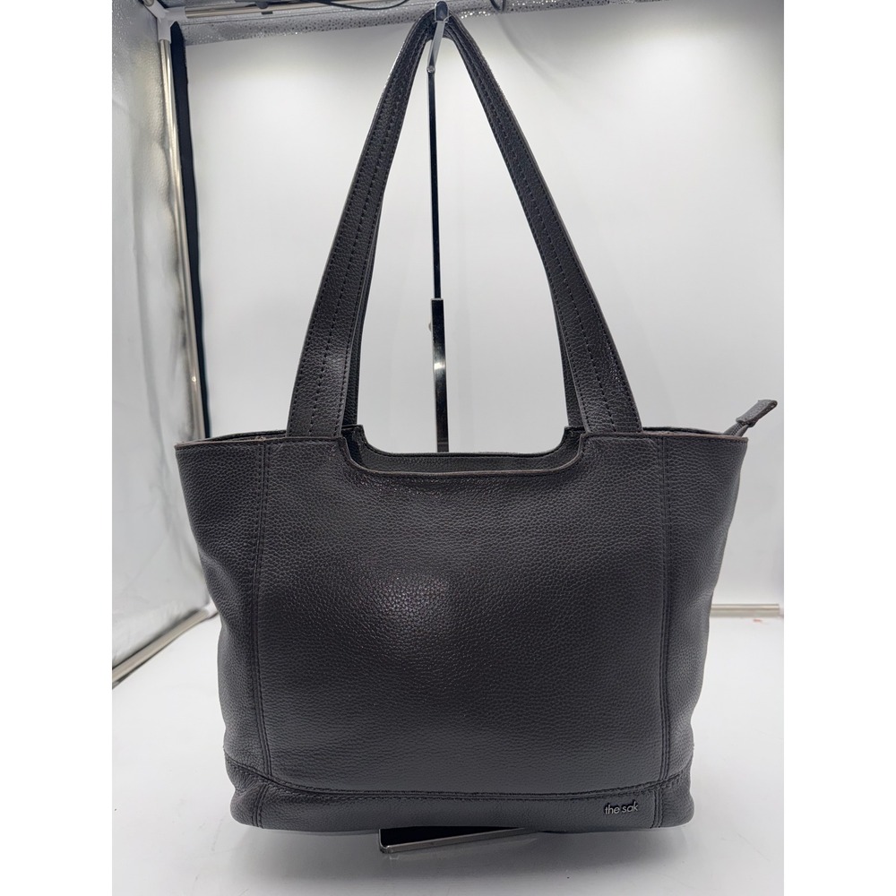 The Sak Dark Gray Pebbled Leather Tote Shoulder Bag Zip Top Pocket